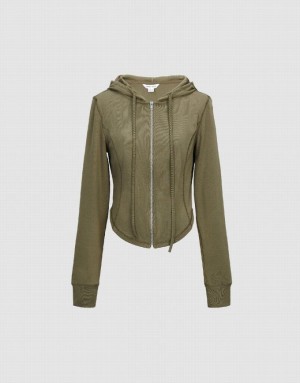 Green Urban Revivo Zipper Front Hooded Skinny Knitted Women's Jacket | 14672FDSB