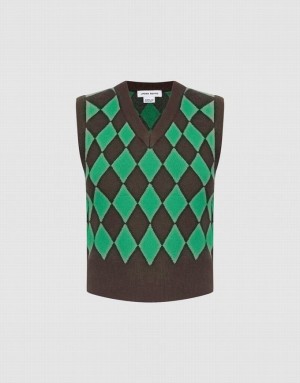 Green / Brown Urban Revivo Argyle Pattern Women's Sweater Vest | 71958EGUV