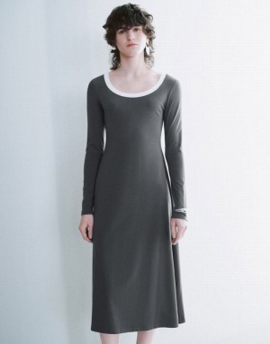 Grey Urban Revivo Crew Neck A-Line Women's Dress | 29178JYOF