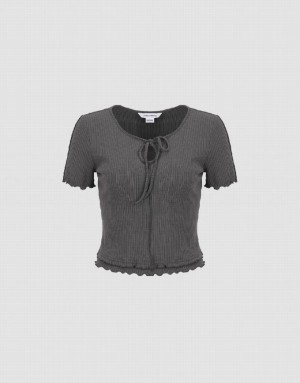 Grey Urban Revivo Frill Trim Tie Front Knitted Women's T-Shirts | 46015YJFK