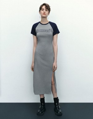 Grey Urban Revivo Letter Printed Crew Neck Straight Women's Dress | 84372ATRL