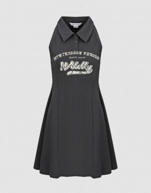 Grey Urban Revivo Letter Printed Sleeveless A-Line Women's Dress | 19468QSYL