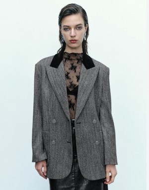 Grey Urban Revivo Peak Lapel Double Breasted Women's Blazers | 01798YGTW