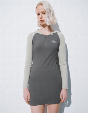 Grey Urban Revivo Raglan Sleeve Hooded Skinny Women's Dress | 52481VAUT