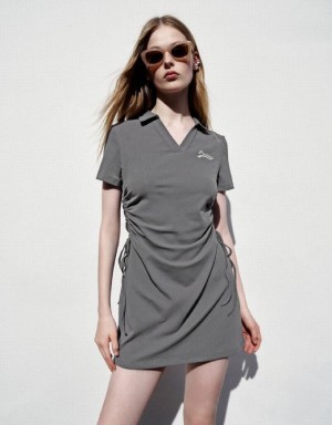 Grey Urban Revivo V-Neck Skater Women's Short Dress | 79641MAYR