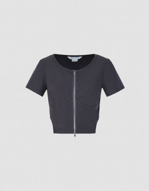 Grey Urban Revivo Zipper Front Crew Neck Knitted Women's Shirts | 97123MHYK