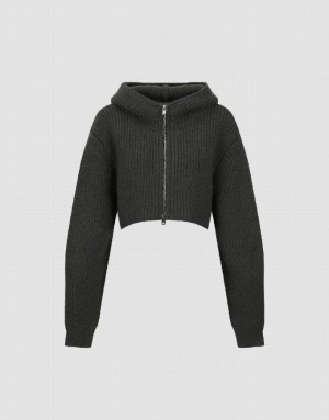 Grey Urban Revivo Zipper Front Hooded Knitted Women's Cardigan | 12378RVYU