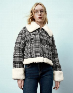 Grey Urban Revivo Zipper Front Plaid Furry Padded Women's Coats | 71820DXKI