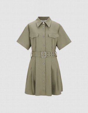 Khaki Urban Revivo A-Line With Belt Women's Shirt Dress | 73254NIGE