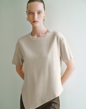 Khaki Urban Revivo Asymmetric Hem Crew Neck Knitted Women's T-Shirts | 09538WYBR