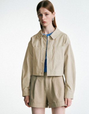 Khaki Urban Revivo Button Up A-Line Women's Coats | 96014HWXO