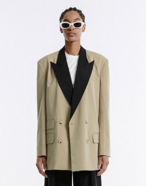 Khaki Urban Revivo Contrast Color Women's Blazers | 31492JPVB