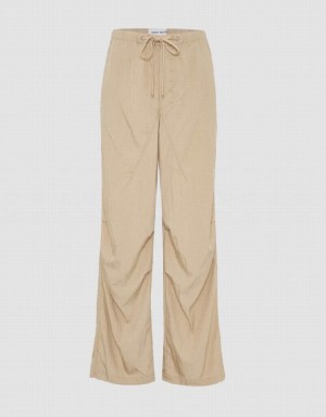 Khaki Urban Revivo Drawstring Waist Wide-Leg Women's Pants | 52398ZTMA