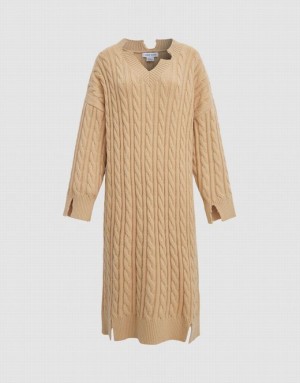 Khaki Urban Revivo Drop Shoulder Cable Women's Knitted Dress | 85036OQYH