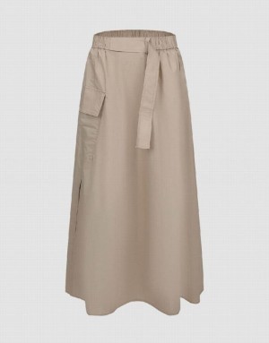 Khaki Urban Revivo Elastic Waist Midi A-Line Women's Skirts | 54693CMLJ