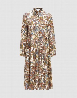 Khaki Urban Revivo Floral Print Half Button Women's Shirt Dress | 94368VIEB