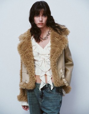 Khaki Urban Revivo Furry Straight Women's Jacket | 98743XYPD