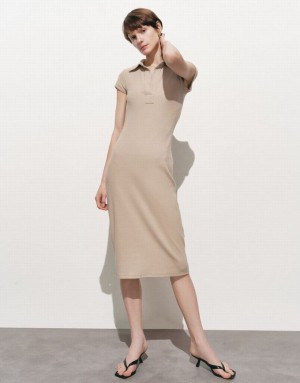 Khaki Urban Revivo Lapel Skinny Women's Dress | 26795EMSG