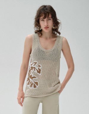 Khaki Urban Revivo Leaf Printed Knitted Women's Cardigan | 58960PWXV