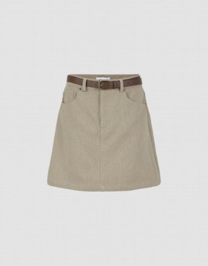 Khaki Urban Revivo Mini A-Line With Belt Women's Denim Skirt | 13249BFMU