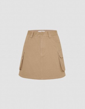 Khaki Urban Revivo Mini A-Line Women's Skirts | 69453FXJQ