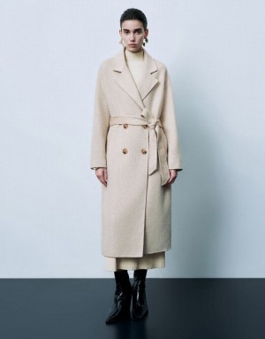 Khaki Urban Revivo Notch Lapel Double Breasted Longline Women's Coats | 38526OBEY