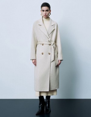 Khaki Urban Revivo Notch Lapel Straight Longline Women's Coats | 26537ZSWT