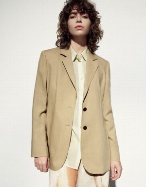 Khaki Urban Revivo Notch Lapel Tailored Women's Blazers | 93527MKOR