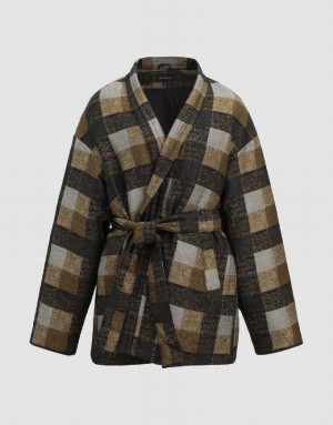 Khaki Urban Revivo Plaid With Belt Women's Down Jackets | 05942DAGP