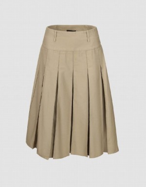 Khaki Urban Revivo Pleated Midi A-Line Women's Skirts | 50134NHFD