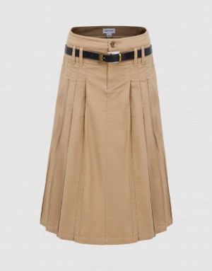 Khaki Urban Revivo Pleated Midi A-Line Women's Skirts | 58497NUYS