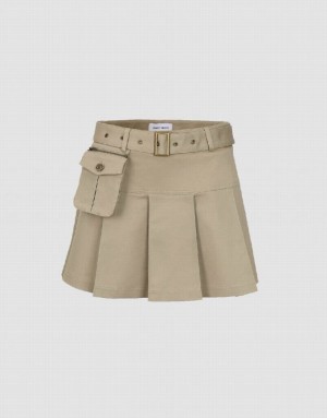 Khaki Urban Revivo Pleated Mini A-Line With Belt Women's Skirts | 42738RFMT