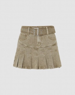 Khaki Urban Revivo Pleated Mini A-Line Women's Denim Skirt | 64395FIVA