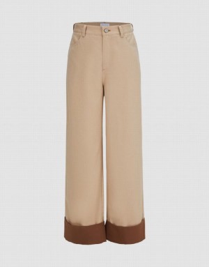 Khaki Urban Revivo Rolled Up Hem Straight Women's Pants | 65718LSKB