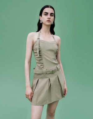 Khaki Urban Revivo Sleeveless A-Line With Belt Women's Dress | 03582OYRW