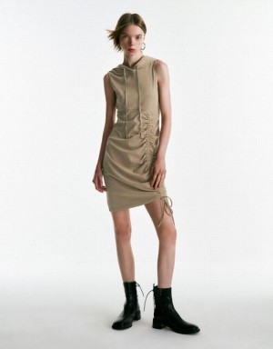 Khaki Urban Revivo Sleeveless Hooded Skater Women's Short Dress | 67312BOLS