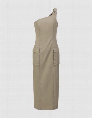 Khaki Urban Revivo Sleeveless One Shoulder Straight Women's Dress | 19564VIJW