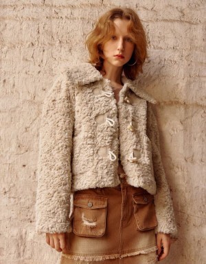 Khaki Urban Revivo Straight Furry Women's Coats | 54621DFIV