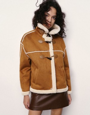 Khaki Urban Revivo Straight Furry Women's Jacket | 13260UYIZ