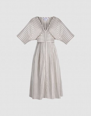 Khaki Urban Revivo Striped Button Front Midi Women's Midi Dress | 41327FAKQ