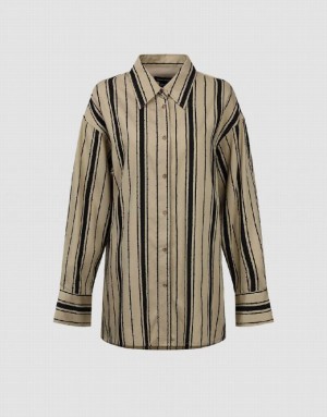 Khaki Urban Revivo Striped Straight Loose Women's Shirts | 37569UEND