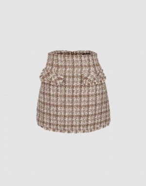 Khaki Urban Revivo Tweed Mini A-Line Women's Skirts | 42973YRMQ