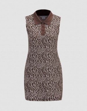 Khaki Urban Revivo Wavy Pattern Half Button Sleeveless Women's Knitted Dress | 16324WBKA