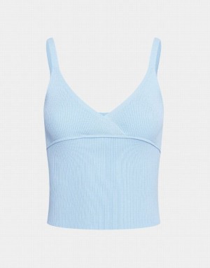 Light Blue Urban Revivo Ribbed Knit V Neck Women's Camisole | 93604LHFZ