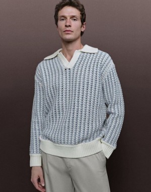 Light Blue Urban Revivo Striped Two Toned Knitted Men's Cardigan | 67804NVSI