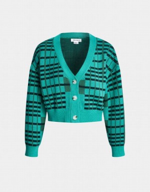 Light Green Urban Revivo Plaid Pattern Drop Shoulder Crop Knit Women's Cardigan | 19043DNAC