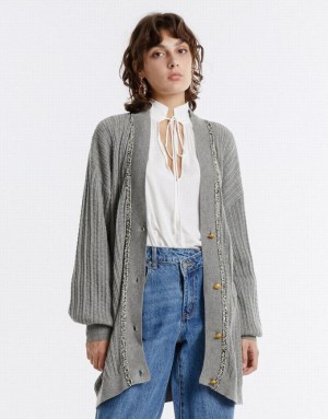 Light Grey Urban Revivo Contrast Trim Women's Cardigan | 05218WPLH