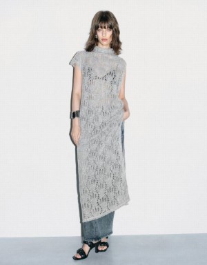 Light Grey Urban Revivo Crochet Sleeveless Turtle Neck Straight Women's Dress | 74590AYKC