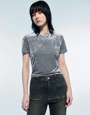 Light Grey Urban Revivo Printed Crew Neck Skinny Women's T-Shirts | 80792RLAI