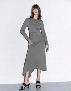 Light Grey Urban Revivo Ruched Crew Neck A-Line Women's Dress | 92318XWMO